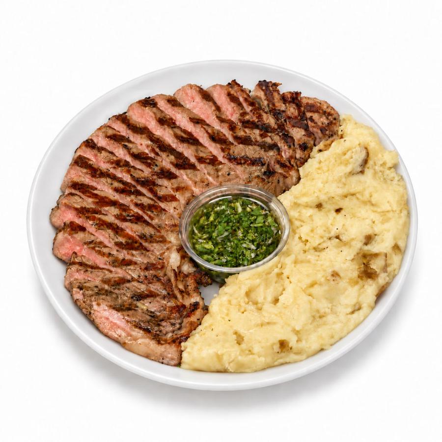 Steak plate with mashed potato and herb sauce